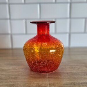 Vintage Amberina Crackle Glass Vase Red & Orange Tangerine 6" Blenko?